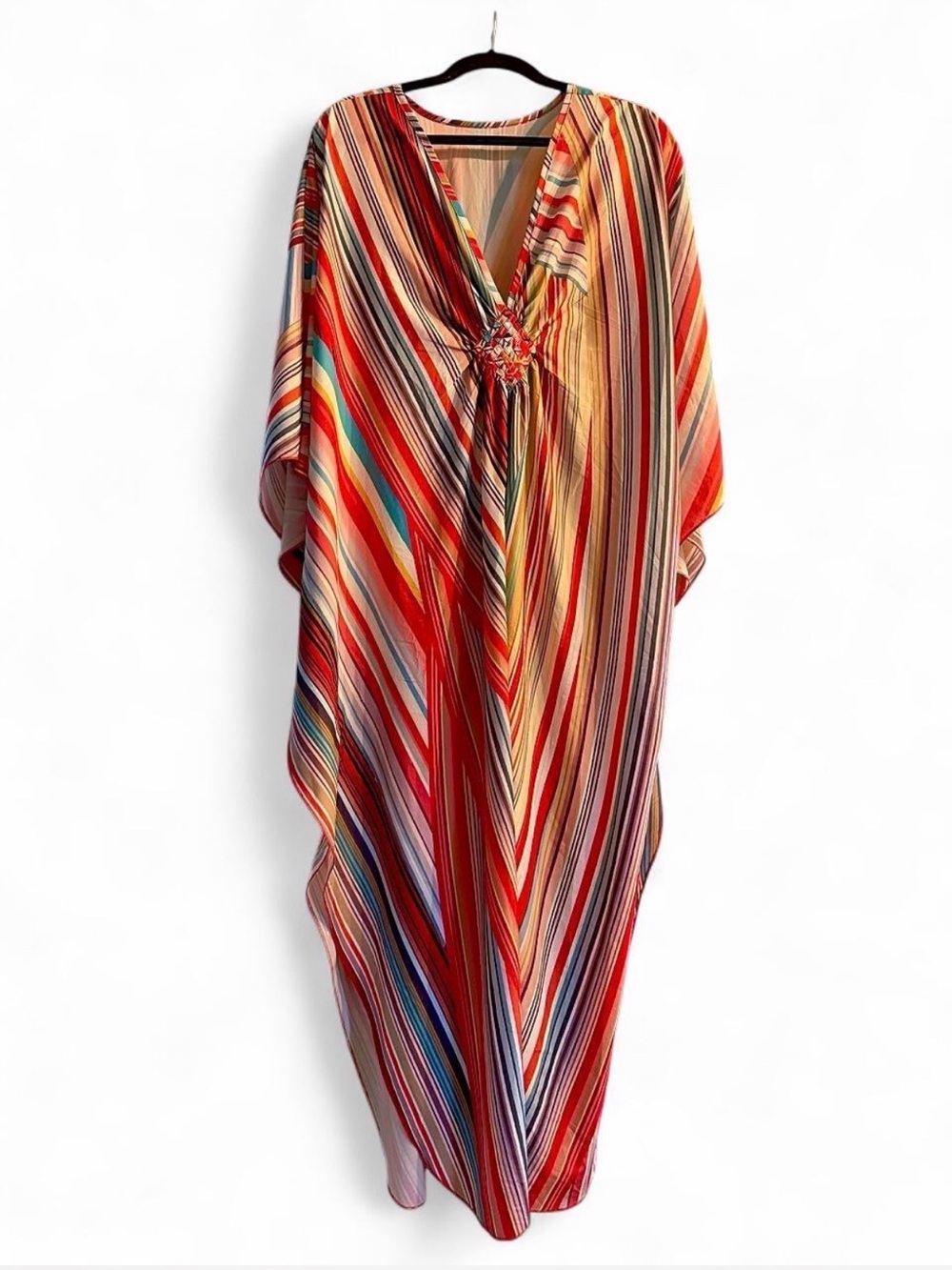 Multicolor Striped Kaftan Maxi Dress V-Neck Boho Cover Up XL - Picture 2 of 4